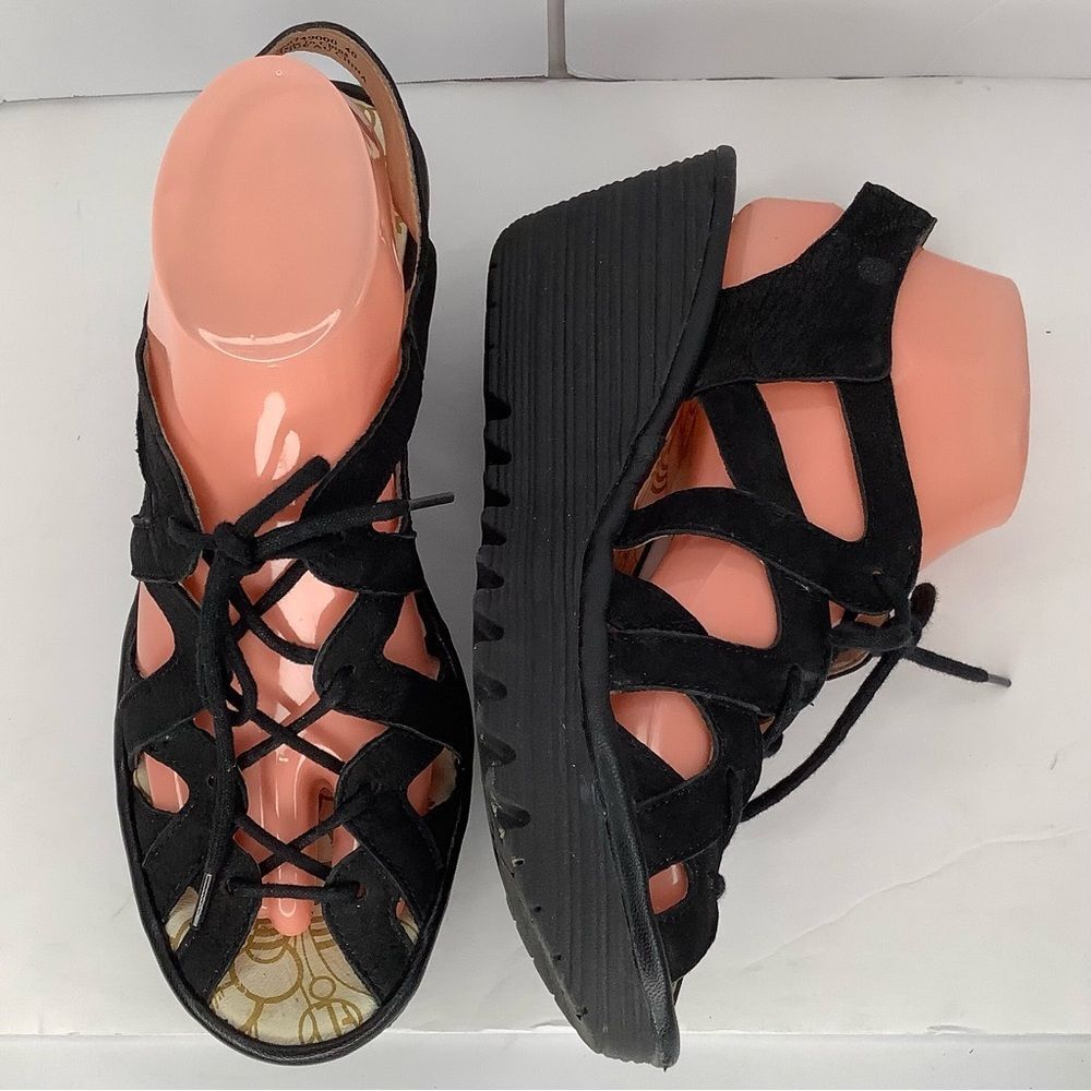 Fly London Black Leather Gladiator Strap Wedges Women’s Sandals Sz 40/US 8.5